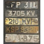 A collection of five vintage Car Number Plates: FP 311: 3705 KV: 210 MVP: GDA 875: KSP 932G.