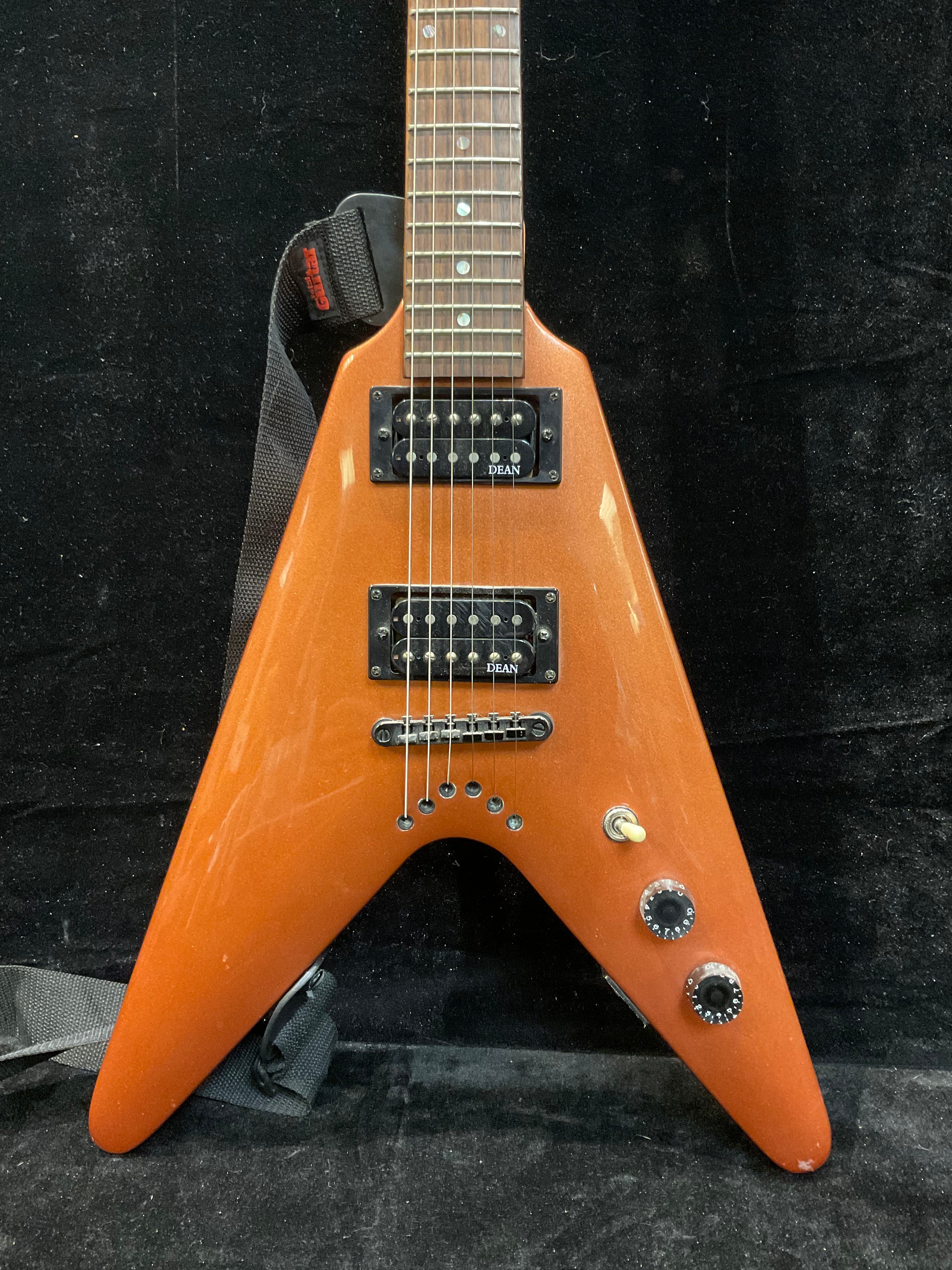 A Dean Baby V Flying V shaped guitar, Dean pickups, orange satin finish, with strap and plectrum - Image 3 of 6