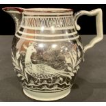 An early 19th century pearlware silver resist lustre jug, decorated with fanciful birds, 13cm