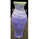 Studio Pottery - an inverted baluster vase by Simon Shaw, ribbed neck, pair of lug handles, raku