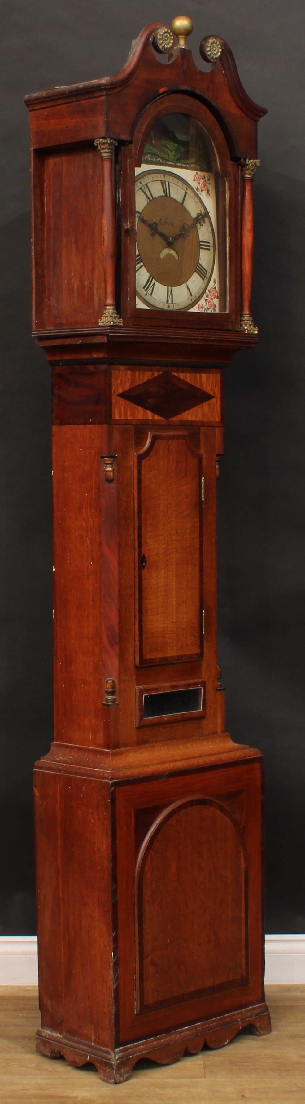 A 19th century oak and parquetry longcase clock, 31.5cm arched dial, the case with swan neck - Image 2 of 6