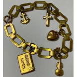 A 9ct gold rectangular link charm bracelet suspended with five charms, marked 9ct, 10g