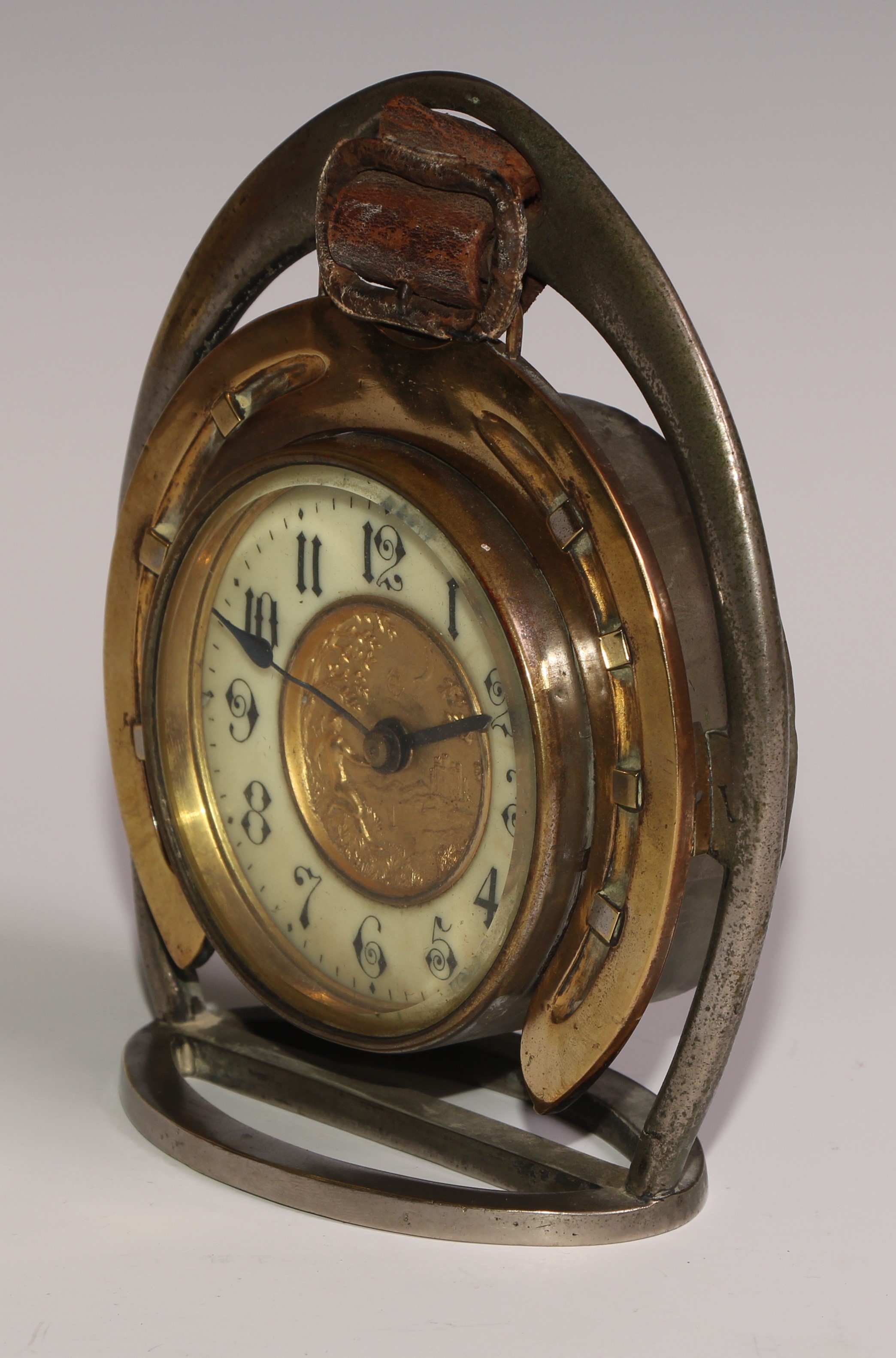 A late Victorian novelty timepiece, of equestrian interest as horseshoe within a riding stirrup, the - Image 3 of 4