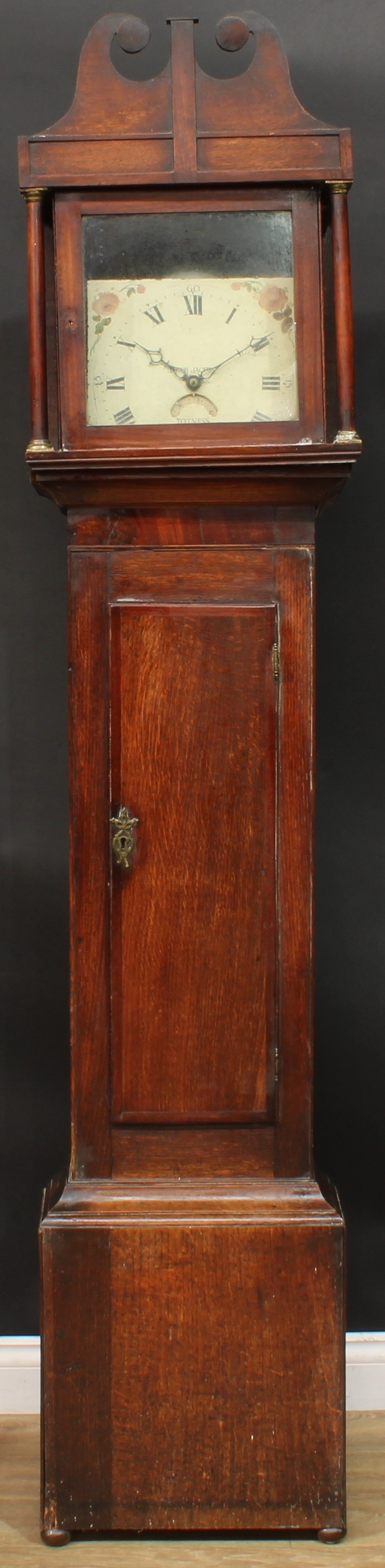 A George III oak and mahogany longcase clock, 28cm square dial inscribed Jacob Jacobs, Totness,