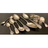 A George III silver serving spoon, London 1813; others, London 1805 and George IV, London 1827; a