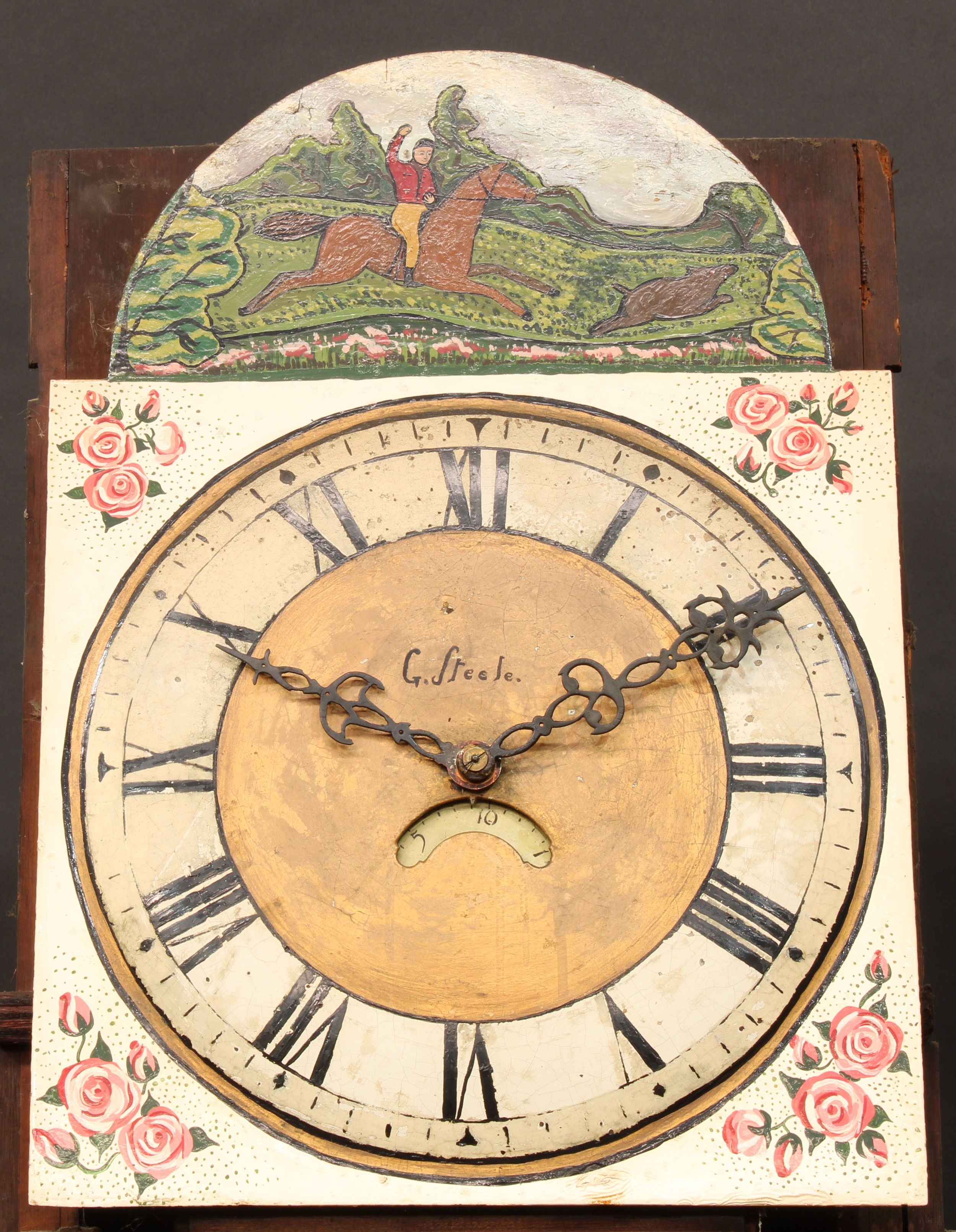 A 19th century oak and parquetry longcase clock, 31.5cm arched dial, the case with swan neck - Image 4 of 6