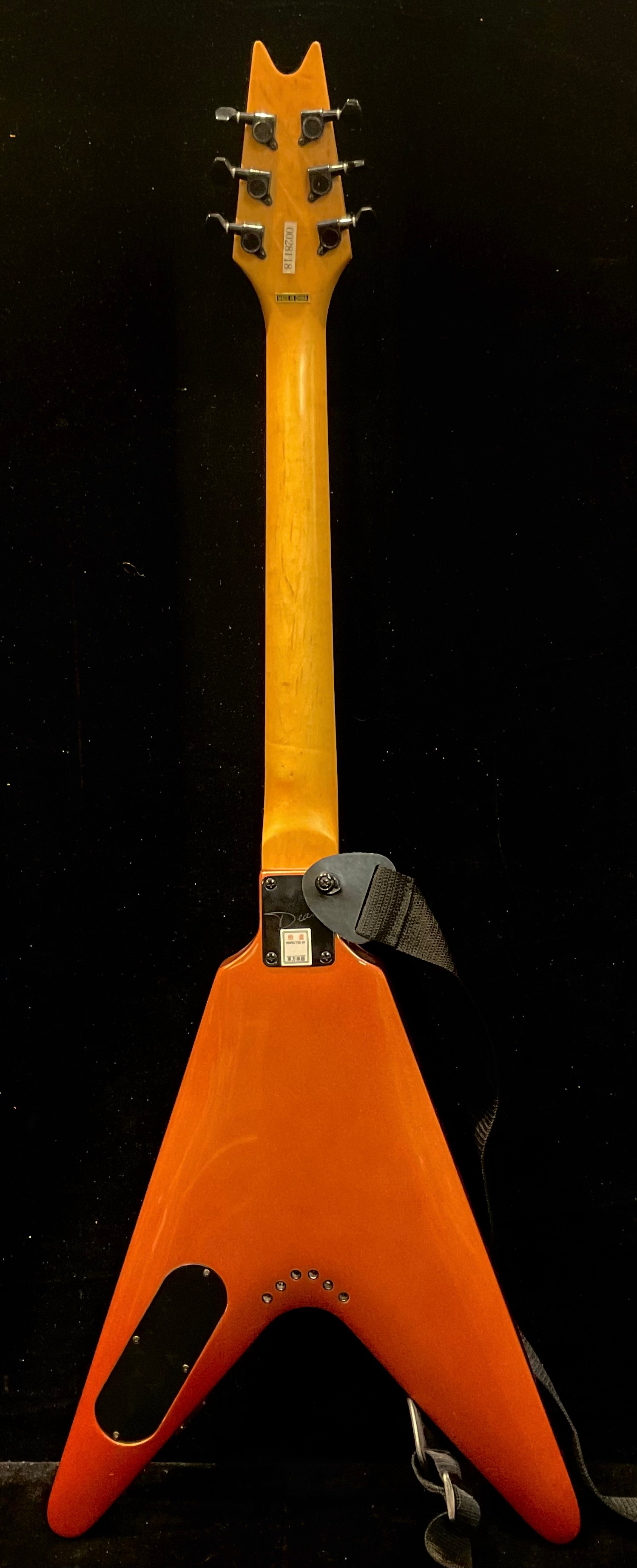 A Dean Baby V Flying V shaped guitar, Dean pickups, orange satin finish, with strap and plectrum - Image 2 of 6