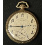 Waltham Pocket Watch with cream enamel dial with Arabic numerals, separate seconds dial. Engraved