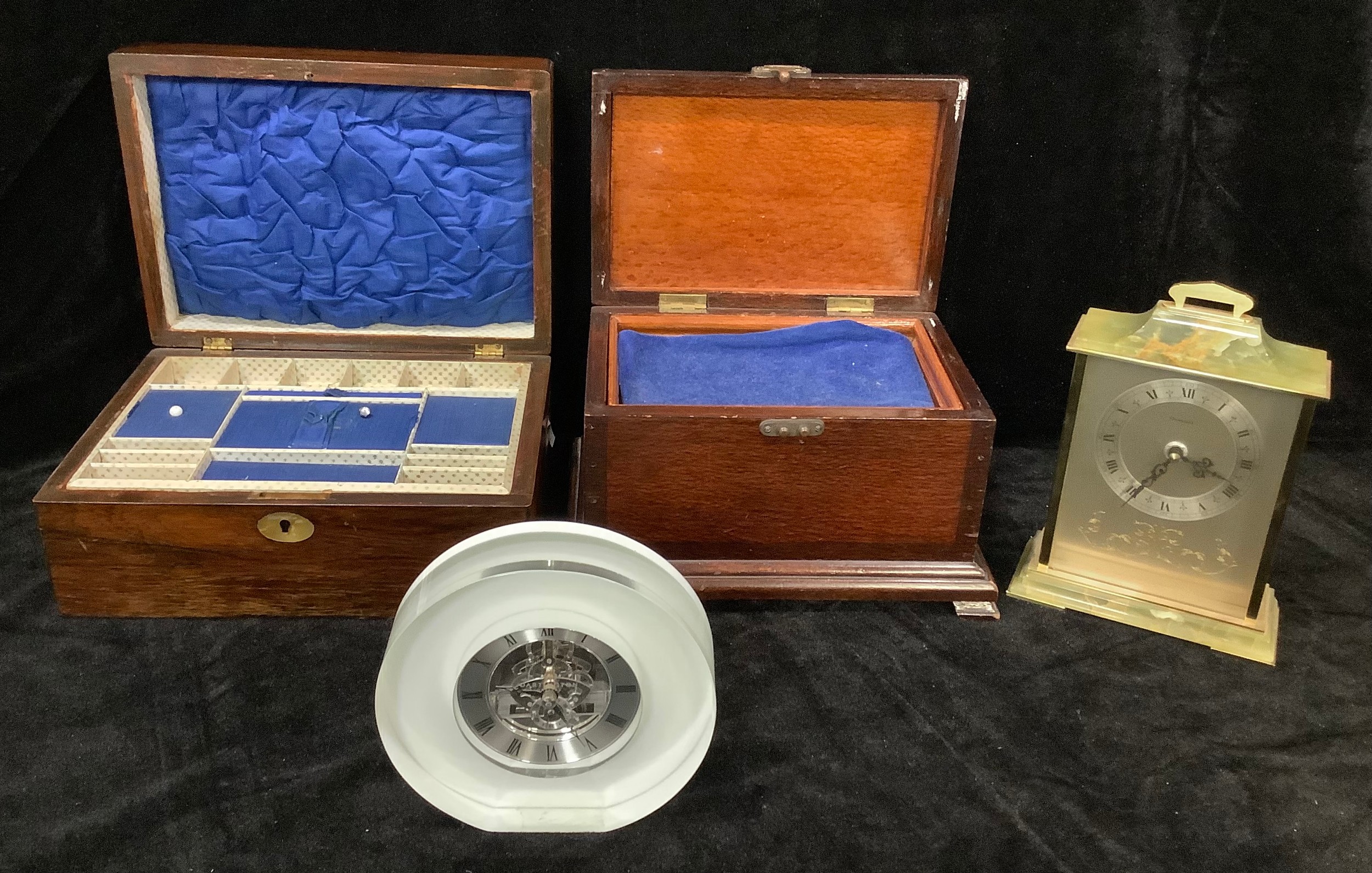 A Dartington glass circular mantel clock; an onyx mantel clock; a mahogany work box, fitted