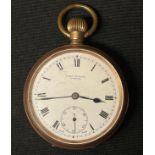 Gold Plated Pocket Watch with white enamel dial with Roman numerals and separate seconds dial.