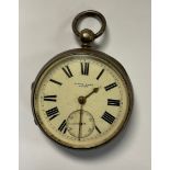 A Victorian silver open face pocket watch, white enamel dial, Roman numerals, subsidiary seconds