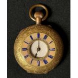 14ct Gold Ladies Fob Watch with cover with blue enamel Roman numerals and white enamel dial with