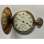 A Waltham USA gold plated hunter pocket watch, Moon Dennison case, serial number 996620, 7cm over