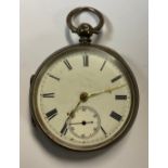 A Victorian silver open face pocket watch, white enamel dial, Roman numerals, subsidiary seconds