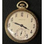 Hamilton 14ct Gold American Pocket watch with enamel dial with Arabic numerals, separate seconds