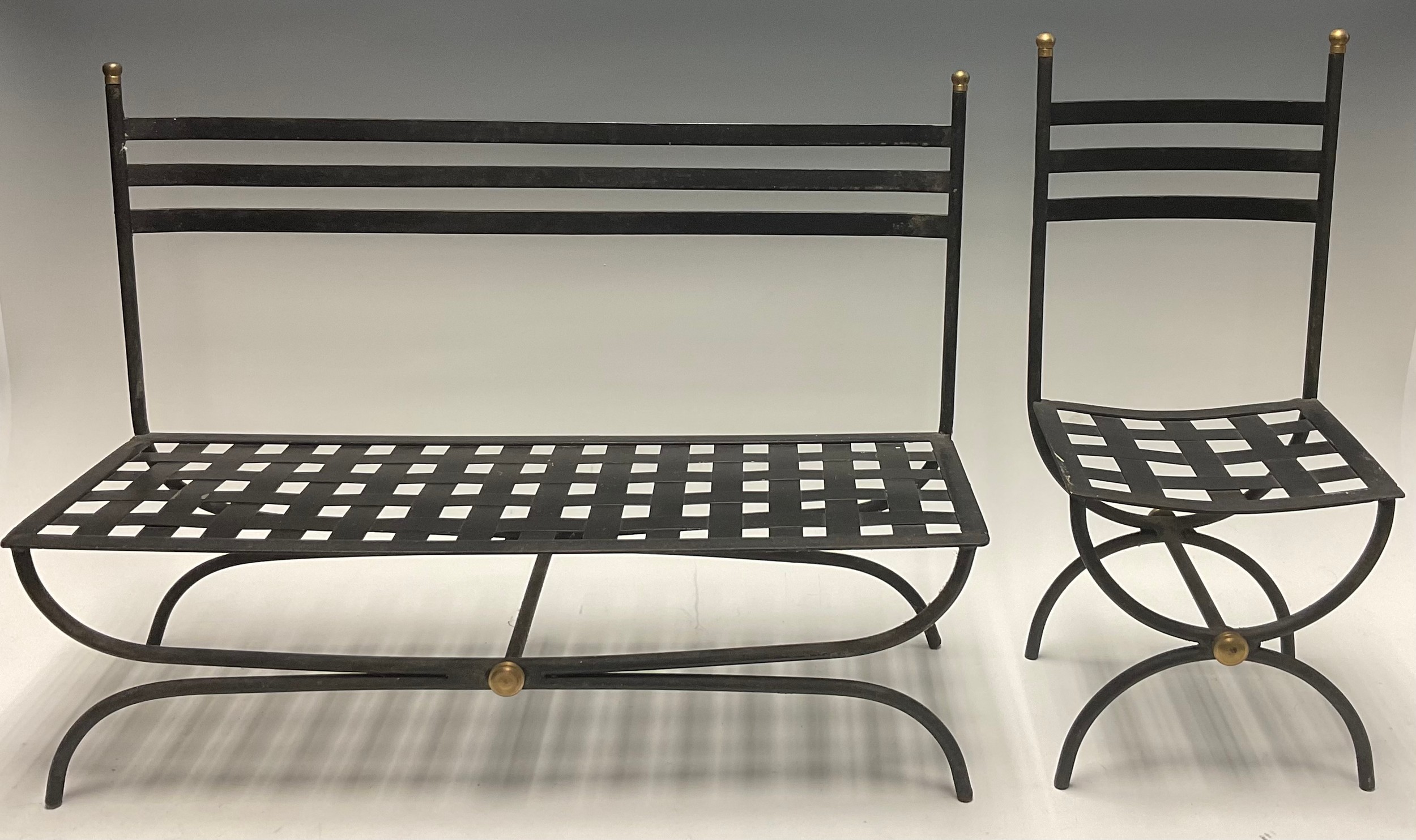 Miniature Furniture - a wrought iron rectangular shaped bench, strapwork type seat, 40.5cm high,