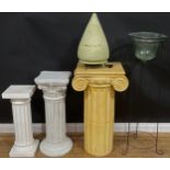 A ceramic statuary pedestal plinth, 71cm high; others, similar; a glass bell shaped planter on