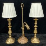 A pair of Victorian brass candlesticks, converted in to table lamps; a reproduction "gas jet"