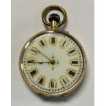 A lady's French 14k gold open face pocket watch, white enamel dial, Roman numerals, centre