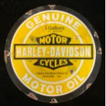 A reproduction enamel advertising sign, Harley-Davidson Motorcycles, 30cm diam