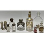 A silver mounted scent bottle; others; a pair of electroplated stirrup cups; scent bottles, qty (10)