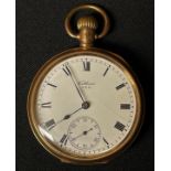 Waltham USA Gold Plated Pocket Watch with white enamel dial with Roman numerals, separate seconds