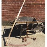 A wooden garden wheelbarrow; a scythe etc (quantity)