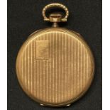 14ct Gold open face pocket watch by the International Watch Co. Gold Arabic numerals on a white