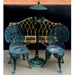 A wirework/wrought iron garden bench, 130cm wide; a pair of cast aluminum garden chairs and a