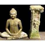 A painted fibre glass garden statue, seated Bodhisattva, 80cm high; a reconstituted painted