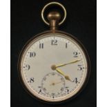 9ct Gold Open face Pocket Watch with white enamel dial with Arabic numerals, separate seconds