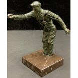 A French Art Deco style figure, The Pétanque player, square polished marble base, 25cm