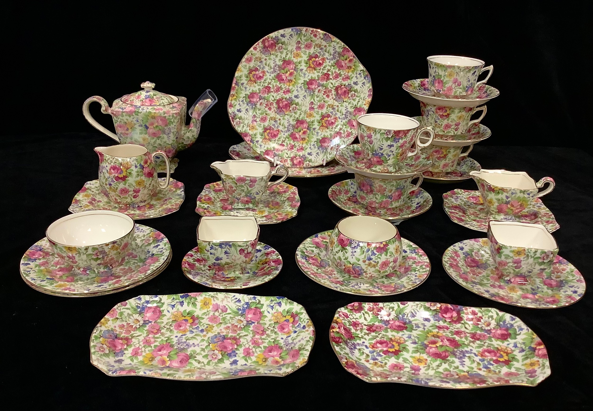A Royal Grimwades Summertime pattern chintz associated part tea set, comprising teapot, milk jug and
