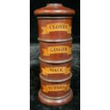 A treen spice tower, marked for Cloves, Ginger, Mace and Nutmeg, 20cm high