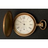 Waltham Gold Plated Pocket Watch with white enamel dial with Roman numerals, separate seconds dial