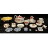 A Paragon Rockingham pattern teapot, sandwich plate, milk jug, preserve pot and cover, pair of tea