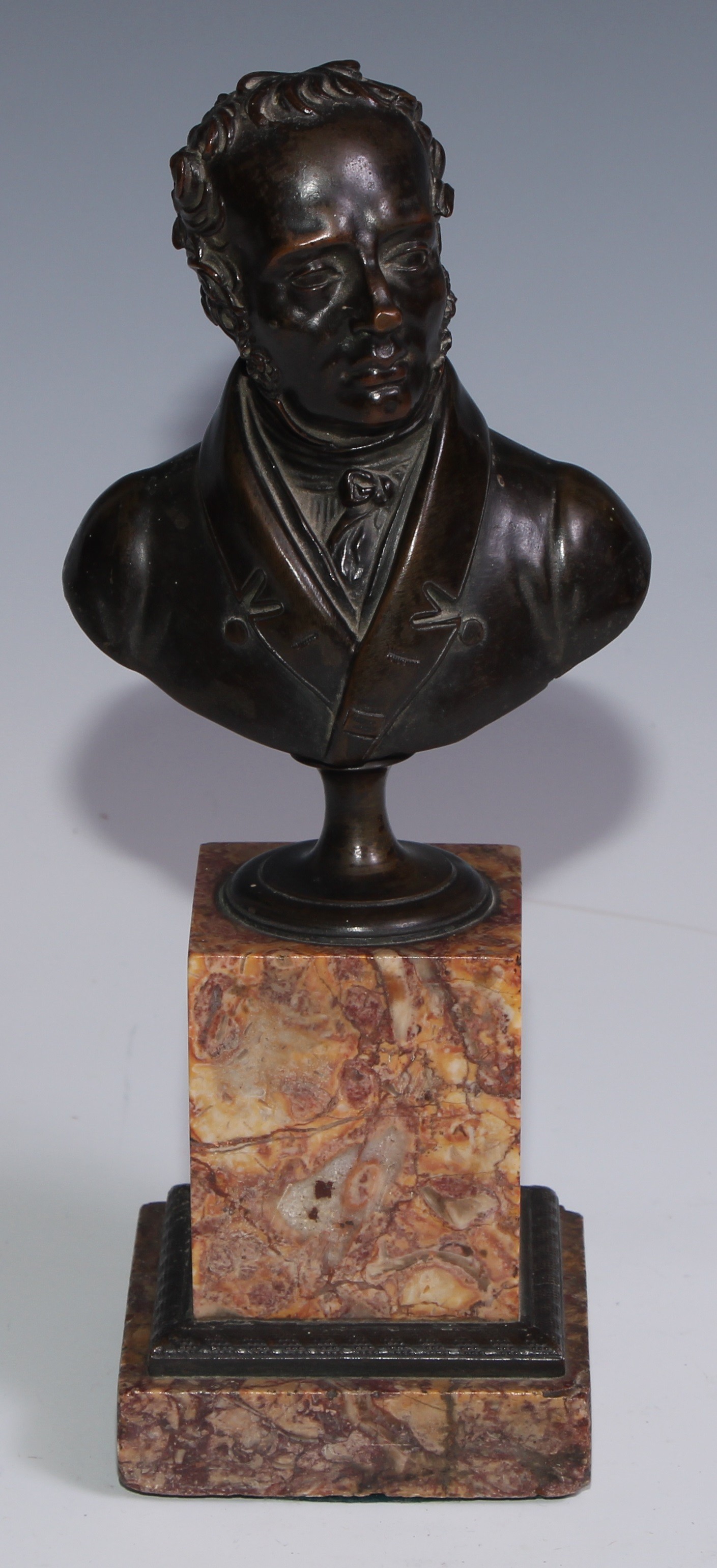 French School (19th century), a brown patinated bronze library bust, of a gentleman, marble pedestal