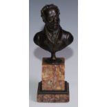 French School (19th century), a brown patinated bronze library bust, of a gentleman, marble pedestal