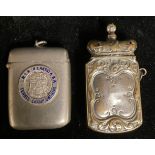 An early 20th century vesta case, enamelled and inscribed with L.N.E.R. Tennis Championships; a