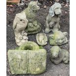 A reconstituted stone gargoyle, similar owl, kingfisher, three spaniels and a remembrance book (7)
