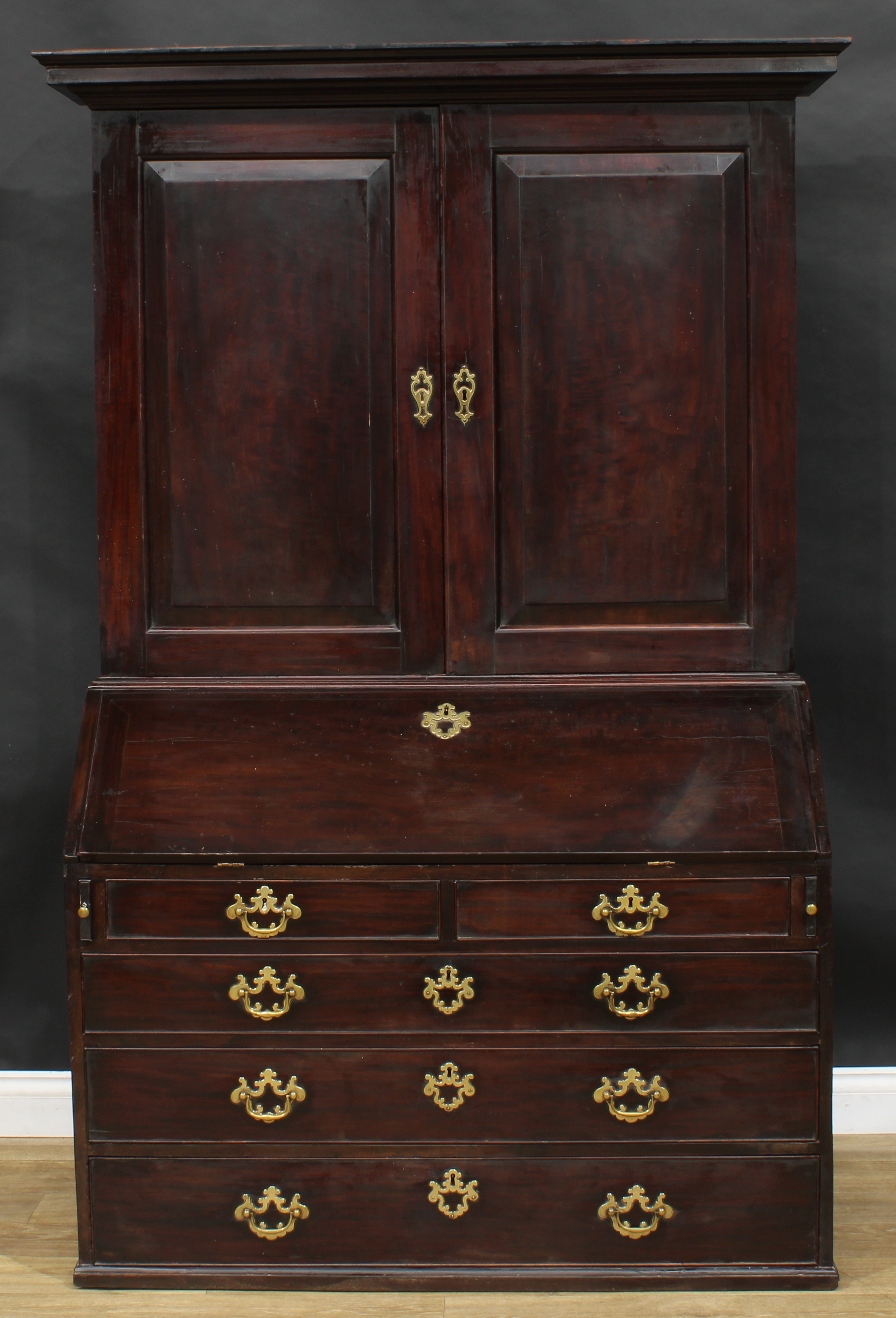 A George III red walnut and mahogany bureau book cabinet, for restoration, 190.5cm high, 127cm wide, - Image 2 of 3