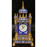 A French style brass and champlevé enamel architectural mantel clock, white dial with Arabic and
