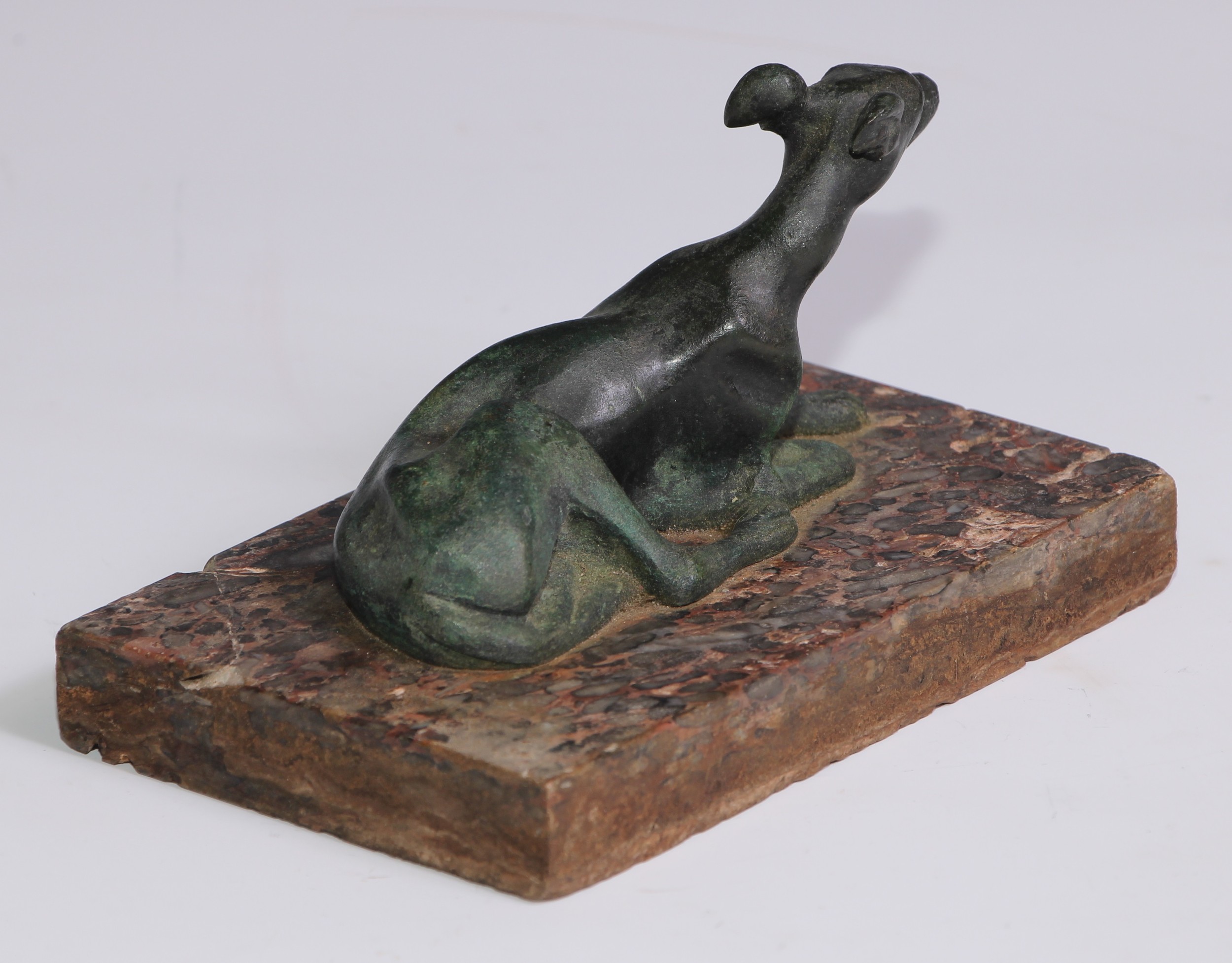 French School (19th century), a verdigris patinated bronze, of a recumbent greyhound, rectangular - Image 2 of 4