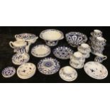 Royal Crown Derby unfinished blue and white including plates, cups, saucers, teapot, tureen, fruit