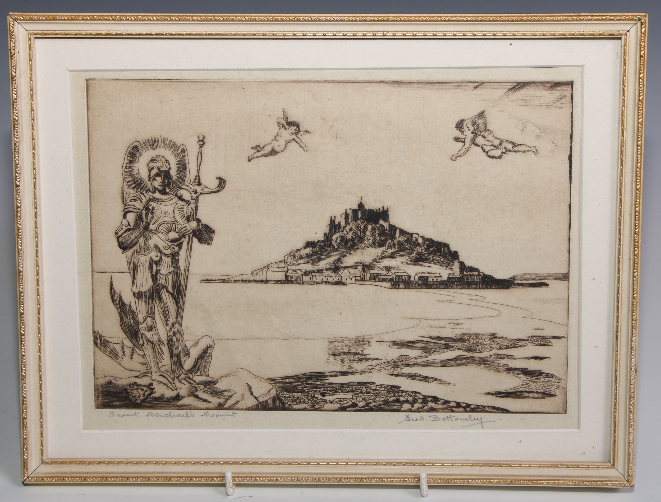 Fred Bottomley (1883 - 1960), by and after, Saint Michael's Mount, engraving, signed and titled in - Image 2 of 3