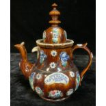 A Measham type barge ware teapot, Presented to JE & AJ Chappell, Burton, 1886, 33cm