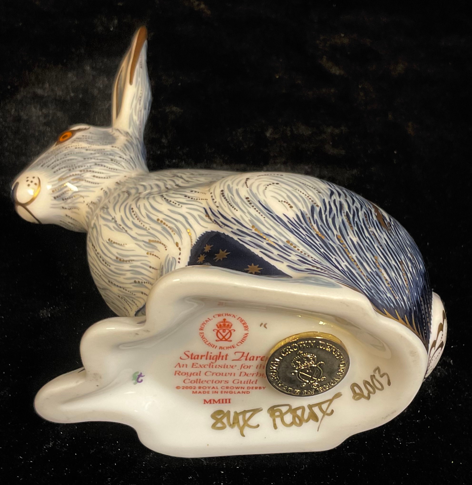 A Royal Crown Derby paperweight, Starlight Hare, gold stopper, signed in gold by Sue Rowe, boxed - Image 2 of 5