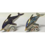 A Royal Crown Derby paperweight, Striped Dolphin, gold stopper, boxed; another, Dolphin, gold