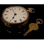 A lady's 9ct rose gold open face pocket watch, white dial, Roman numerals, 4.5cm over suspension