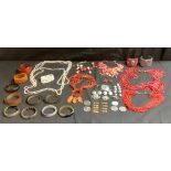 Costume Jewellery - turquoise and coral cuff bangles, necklaces, etc; The St John Ambulance buckle